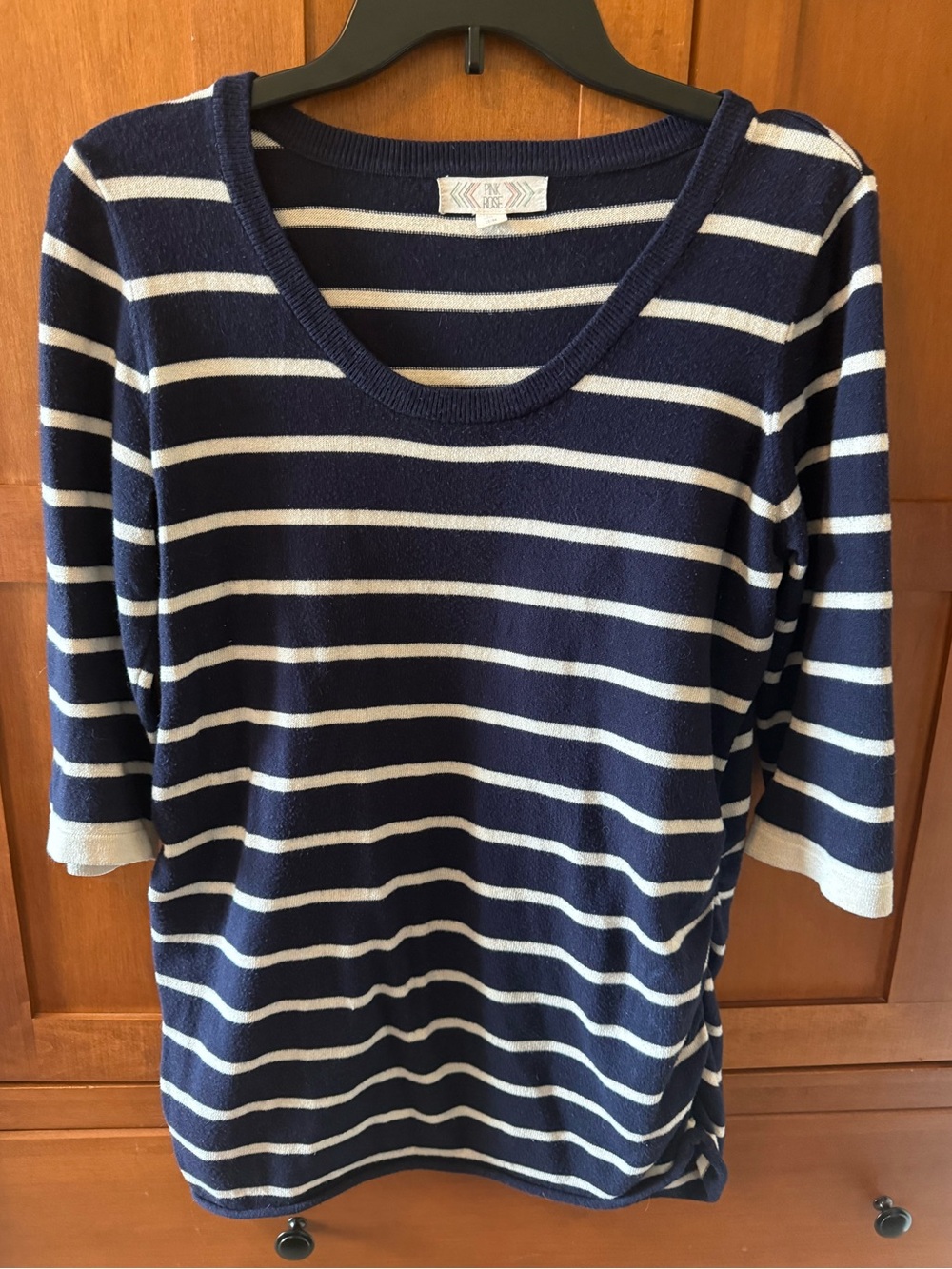 Pink Rose Striped Side-Ruched Knit Sweater Top | Women's Size XL Navy & Cream
